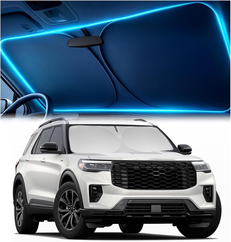 Autopect Windshield Sun Shade for Ford Explorer 2020-2025 ST, XLT, Limited, Platinum – Custom Fit Sun Shield with Mirror Cut‑Out, Blocks Heat & UV, Foldable - Ford Explorer Windshield Sunshade - Image 1